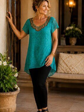 Sachin & Babi Embellished Sheer Boho Tunic Top Teal Beaded Boutique Size 4